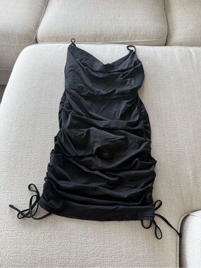 Black Ruched Slip Dress with Adjustable Side Ties
